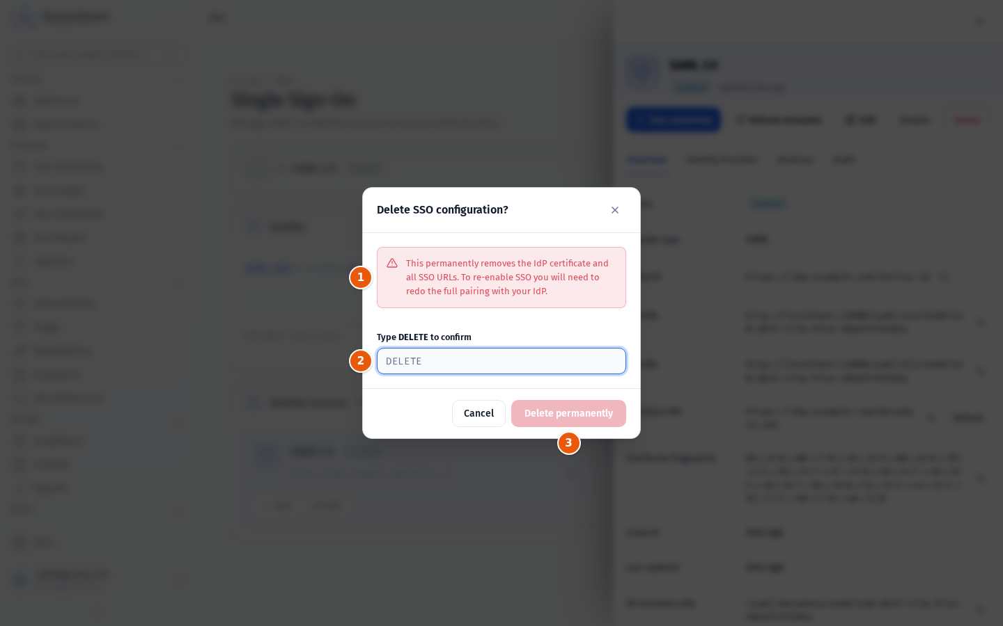 The Delete SSO configuration dialog
