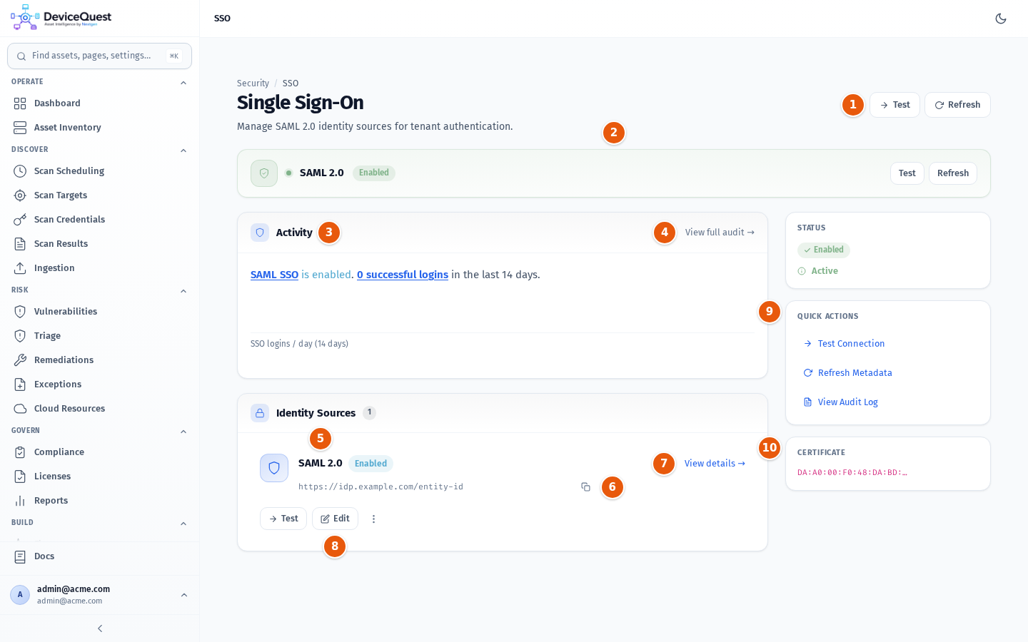 The Single Sign-On page with a configured SAML 2.0 identity source