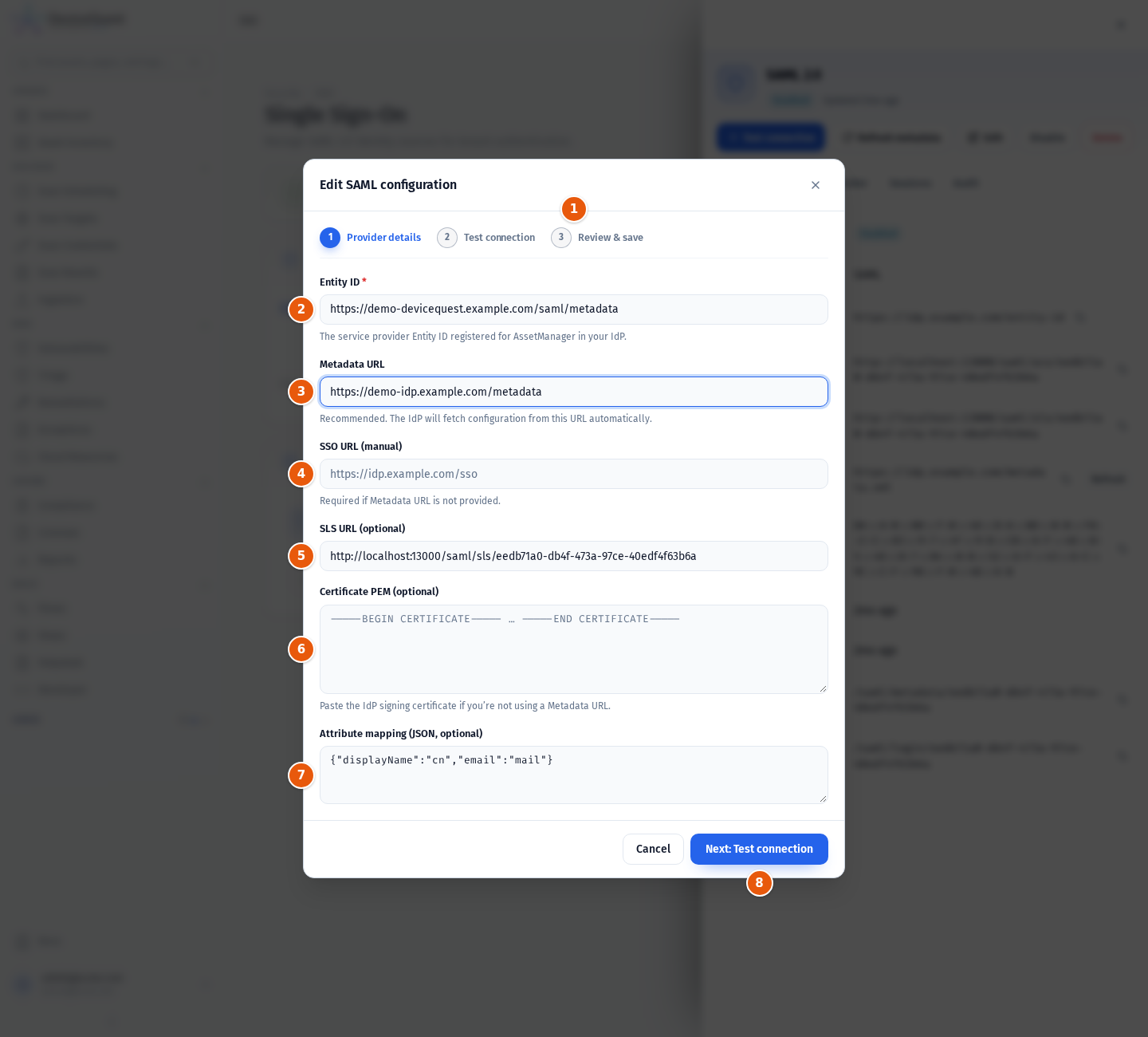 Step 1 of the SAML wizard with the provider fields