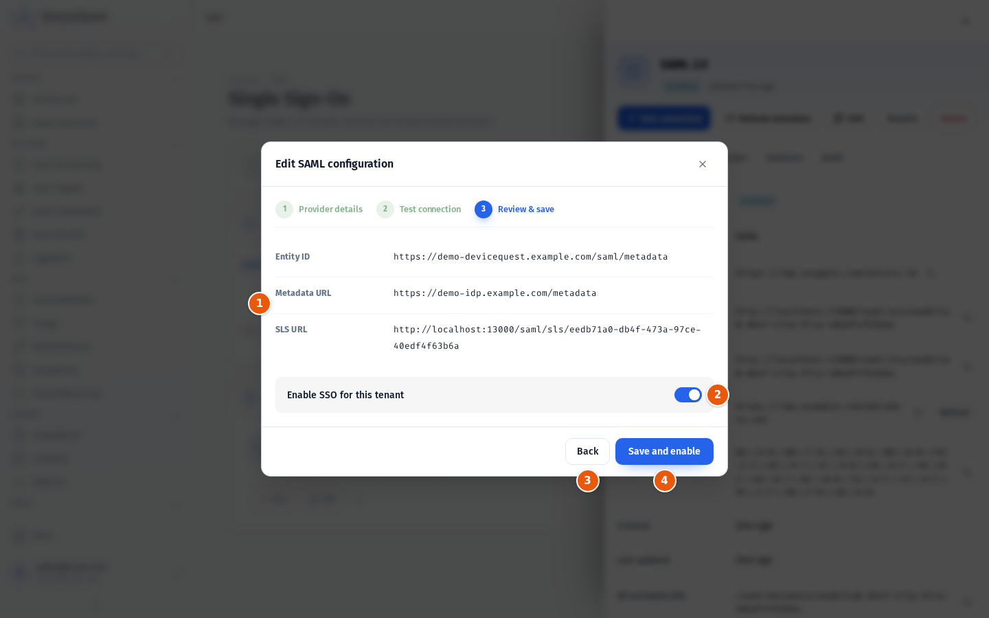 Step 3 of the SAML wizard with the summary and the enable switch