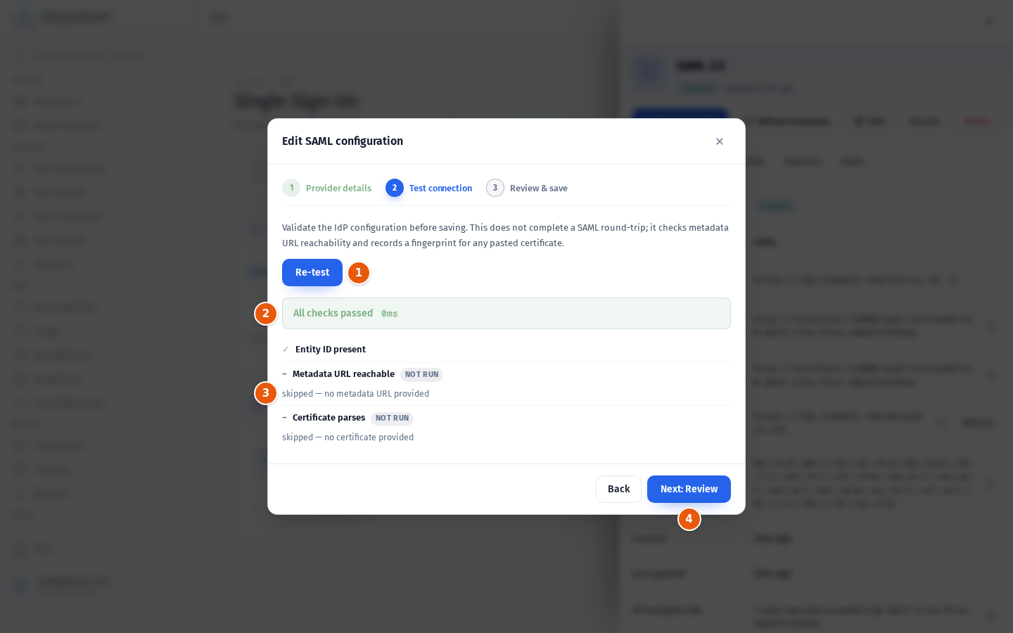 Step 2 of the SAML wizard with the test checks