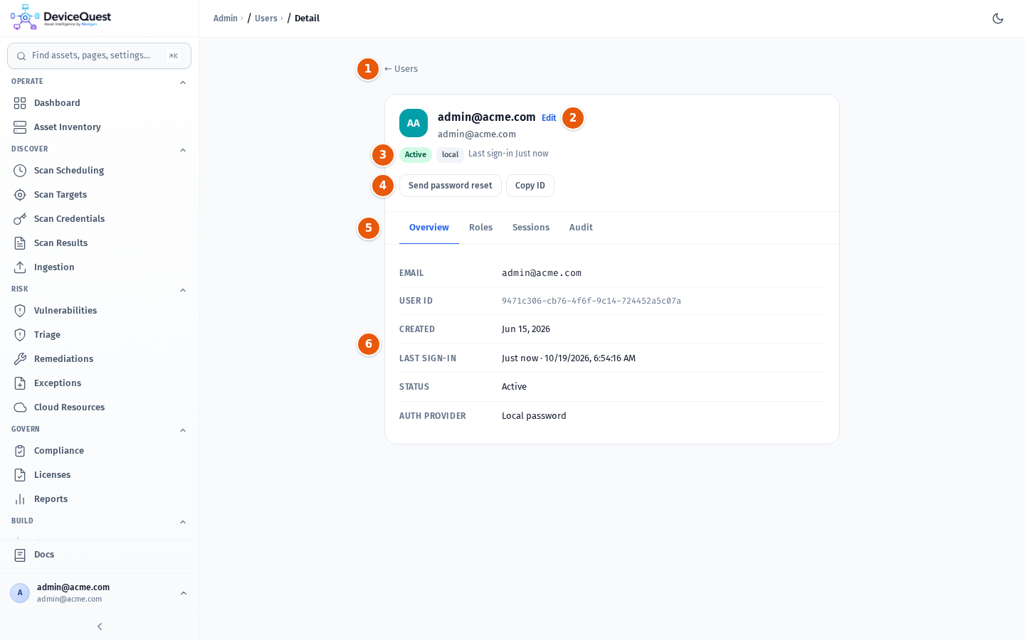 The user details page for admin@acme.com on the Overview tab