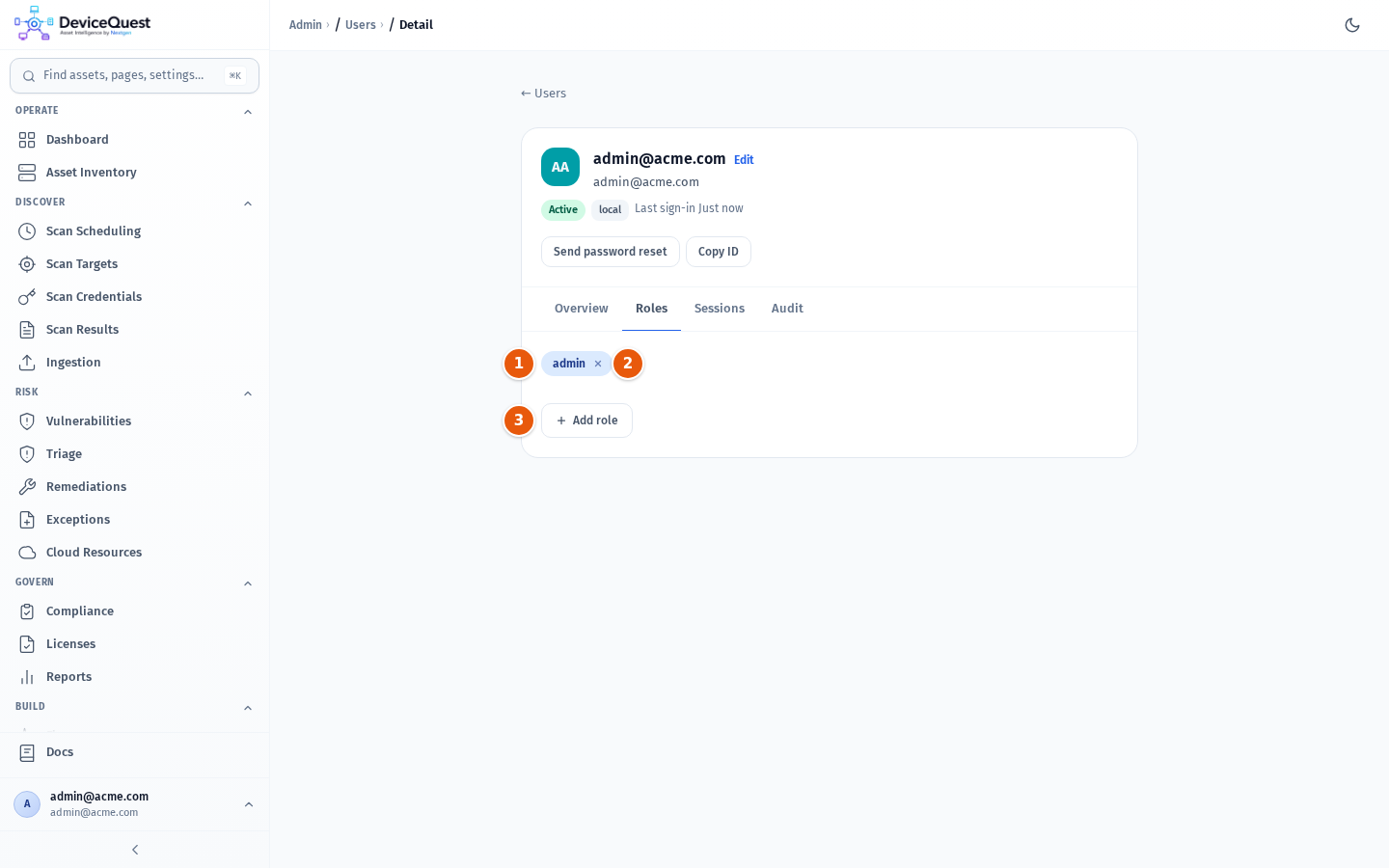 The Roles tab with the admin role assigned