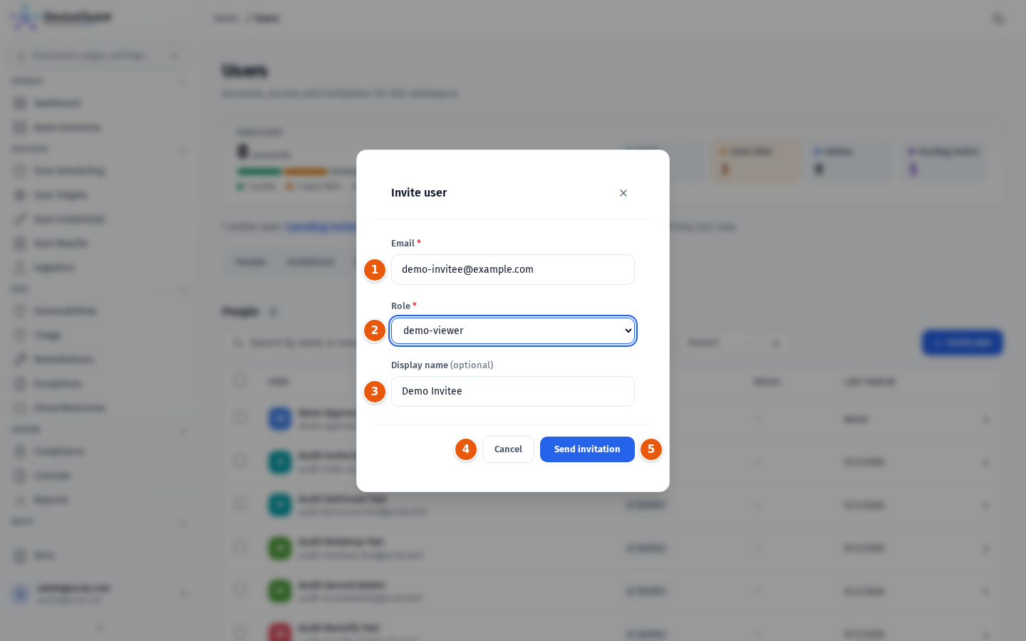 The Invite user dialog filled in with demo values