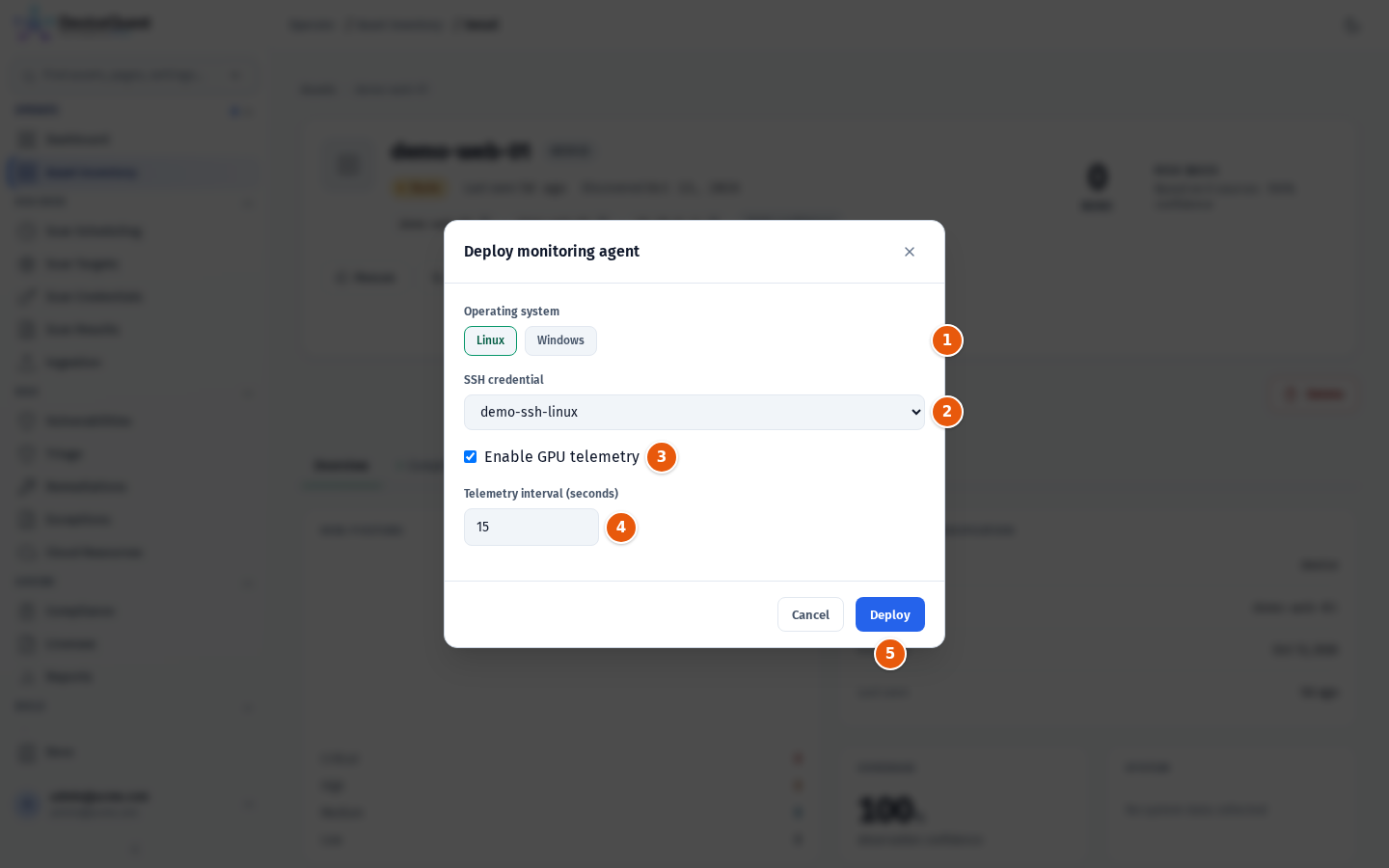 The Deploy monitoring agent dialog