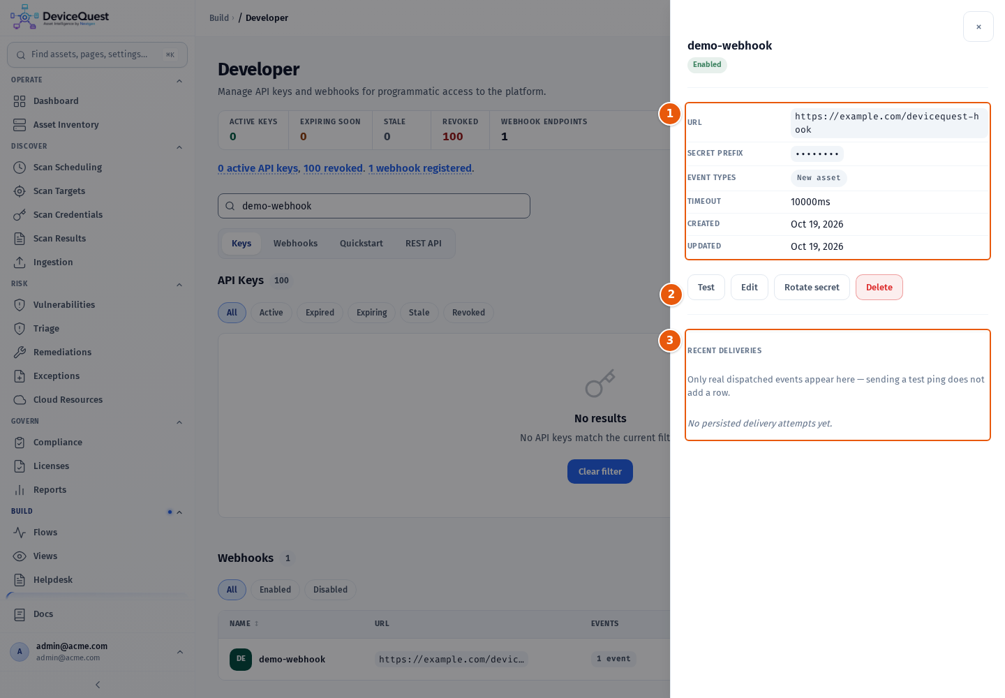 The webhook side sheet with Recent deliveries