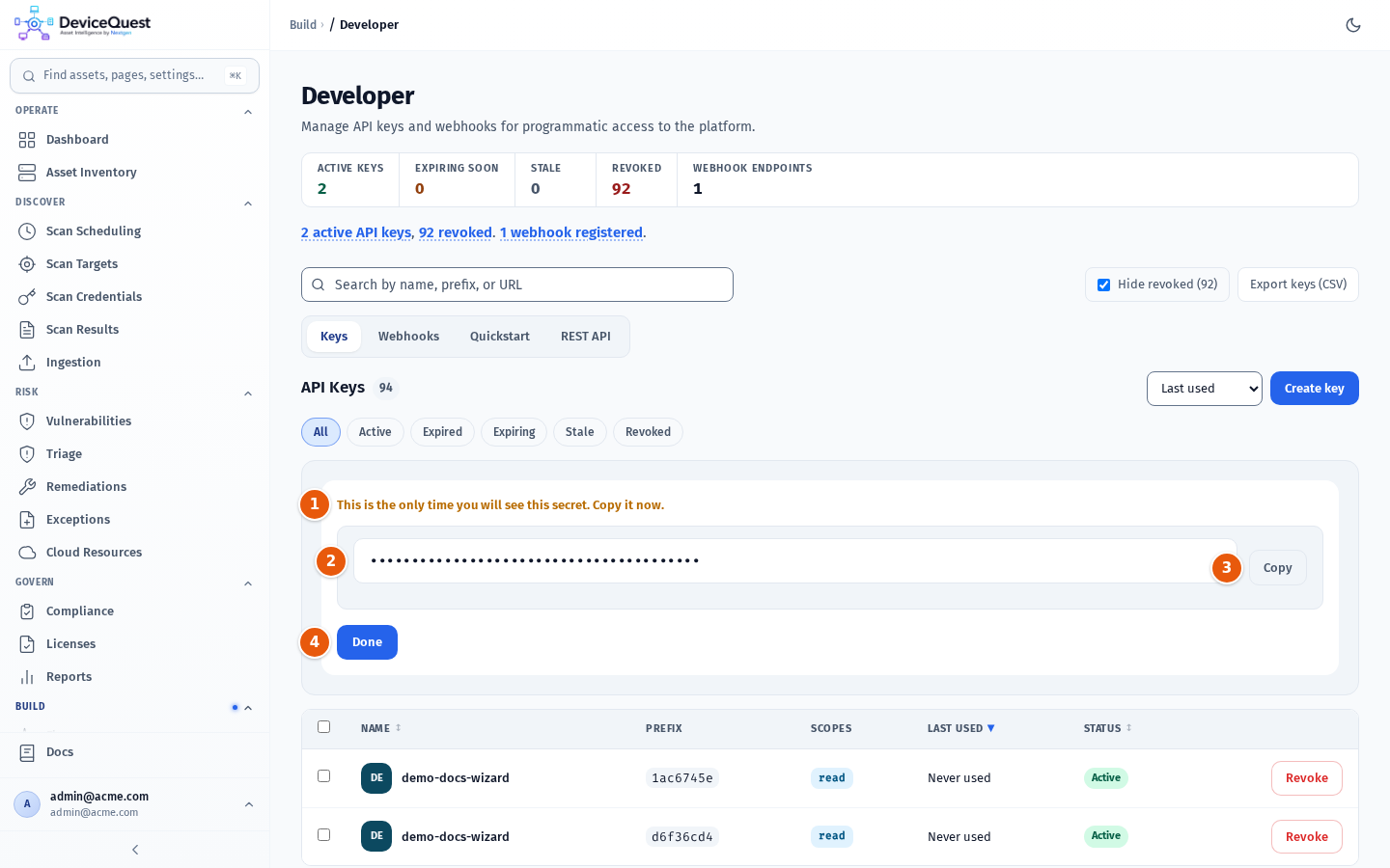 A newly created API key with its secret shown once