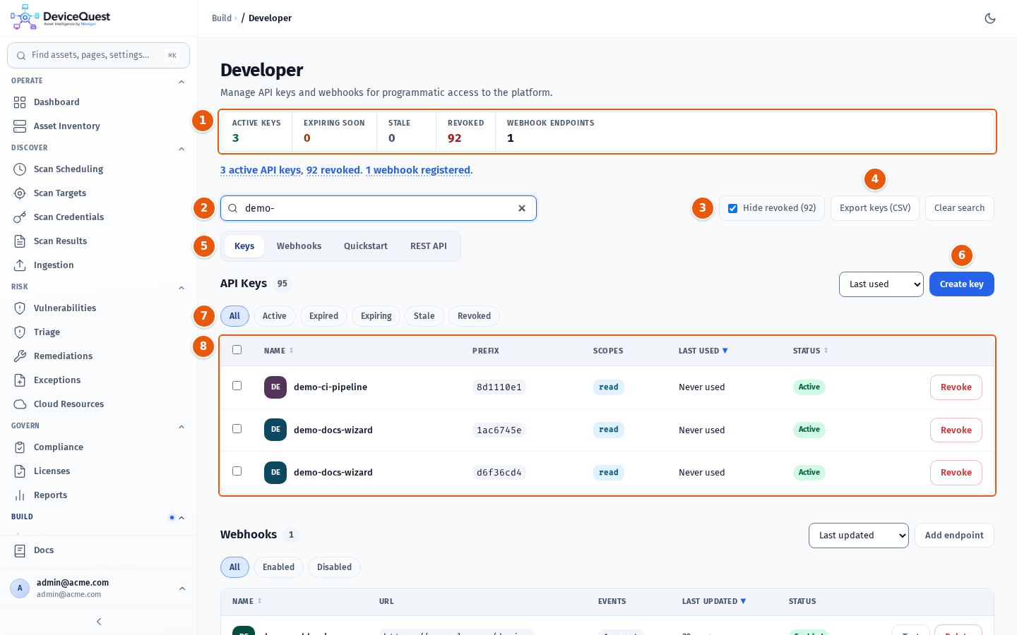 The Developer page with the summary, toolbar and API keys