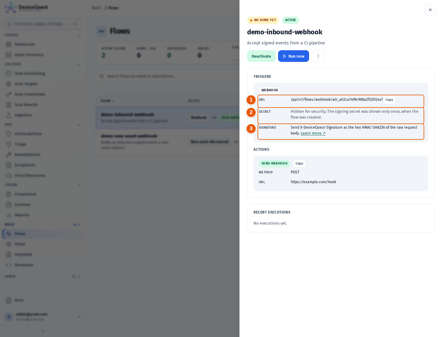 Flow side sheet of a webhook-triggered flow, with the inbound URL and signature details