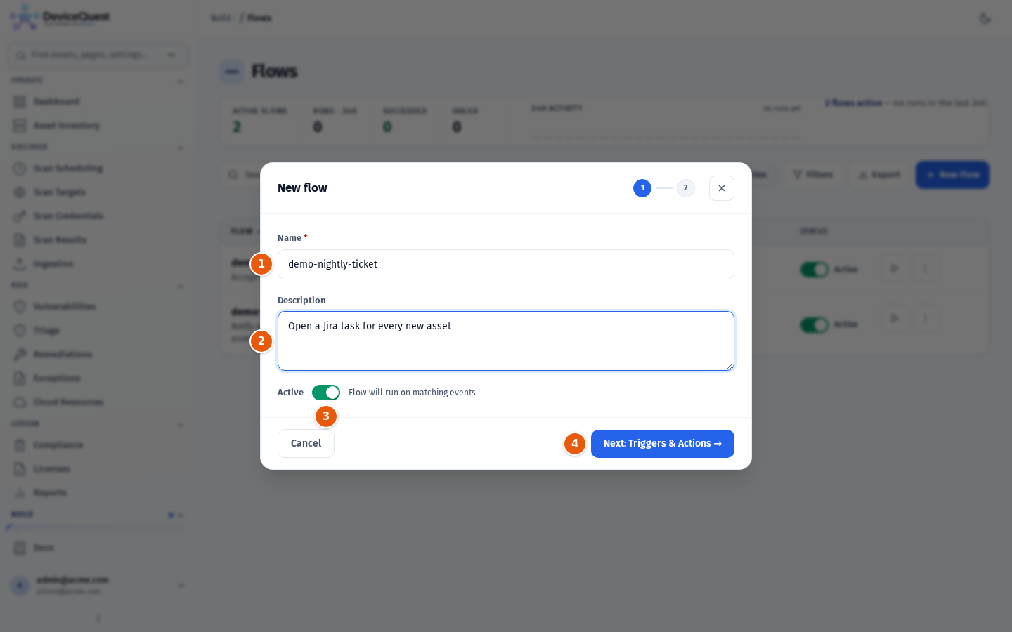 Step 1 of the New flow wizard: name, description and Active