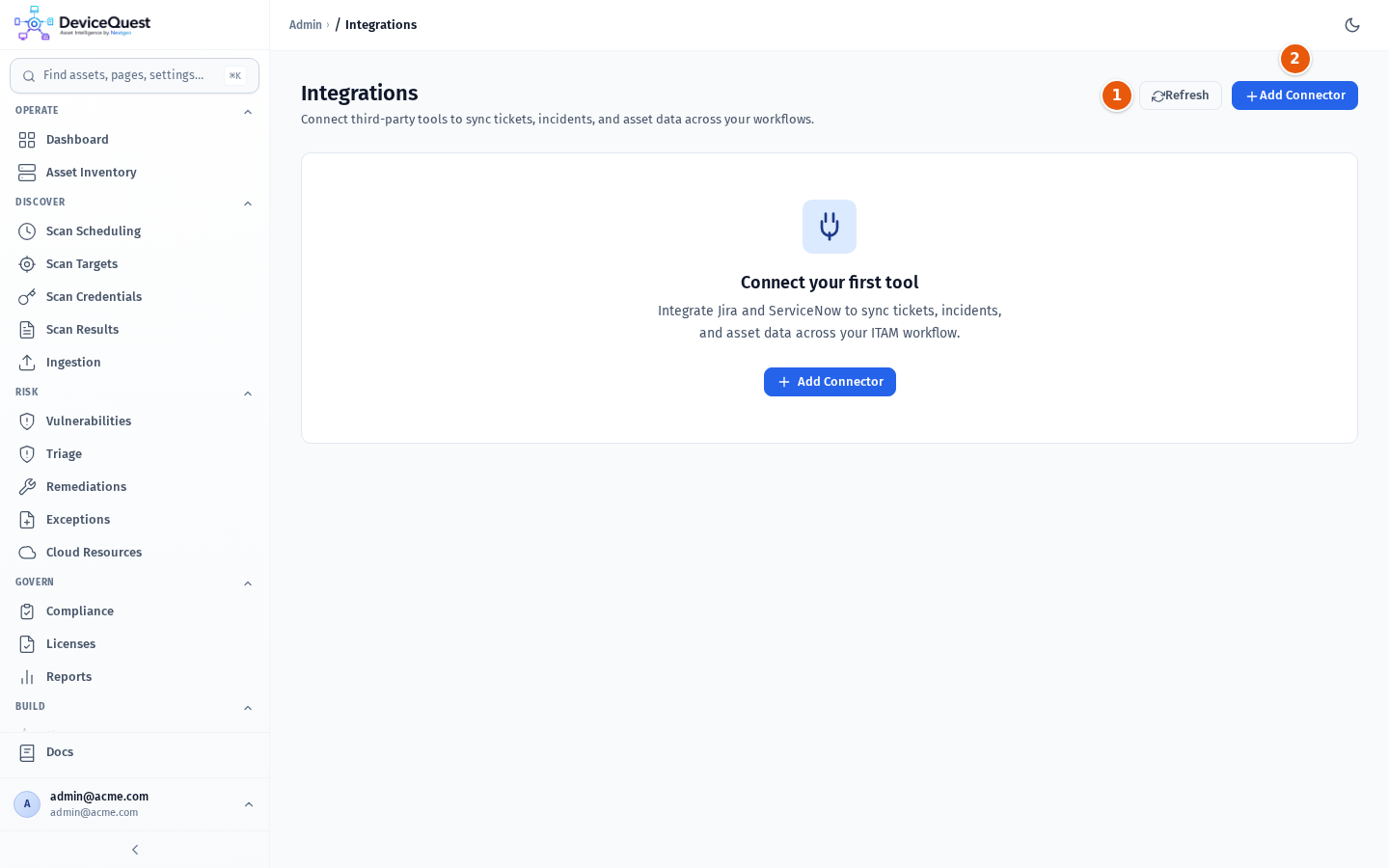 The Integrations page before the first connector is added