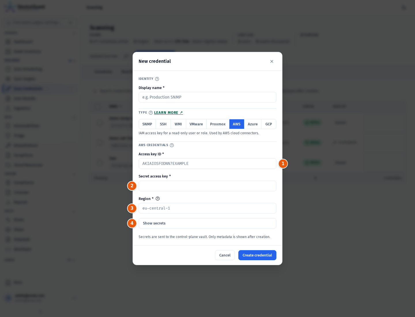 The New credential modal with the AWS type