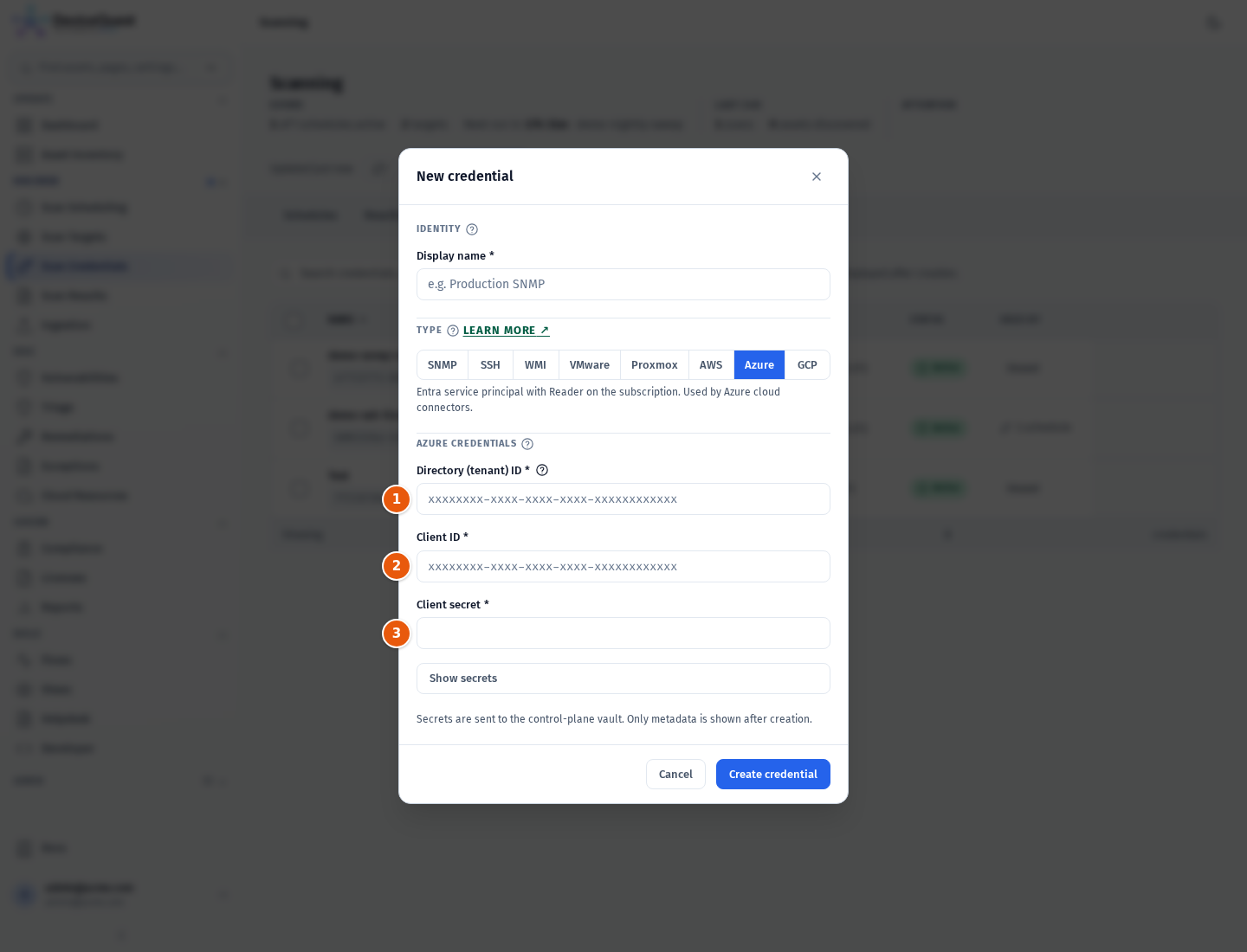 The New credential modal with the Azure type