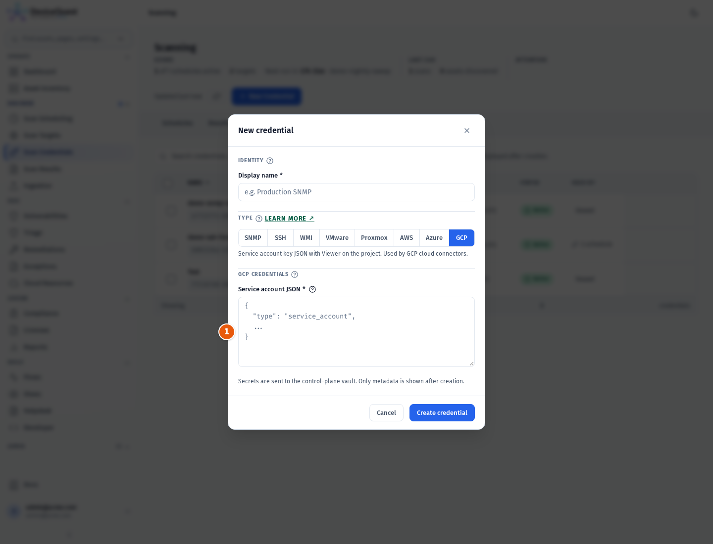 The New credential modal with the GCP type