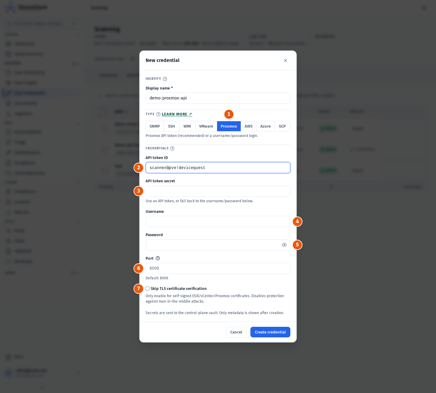 The New credential modal with the Proxmox type