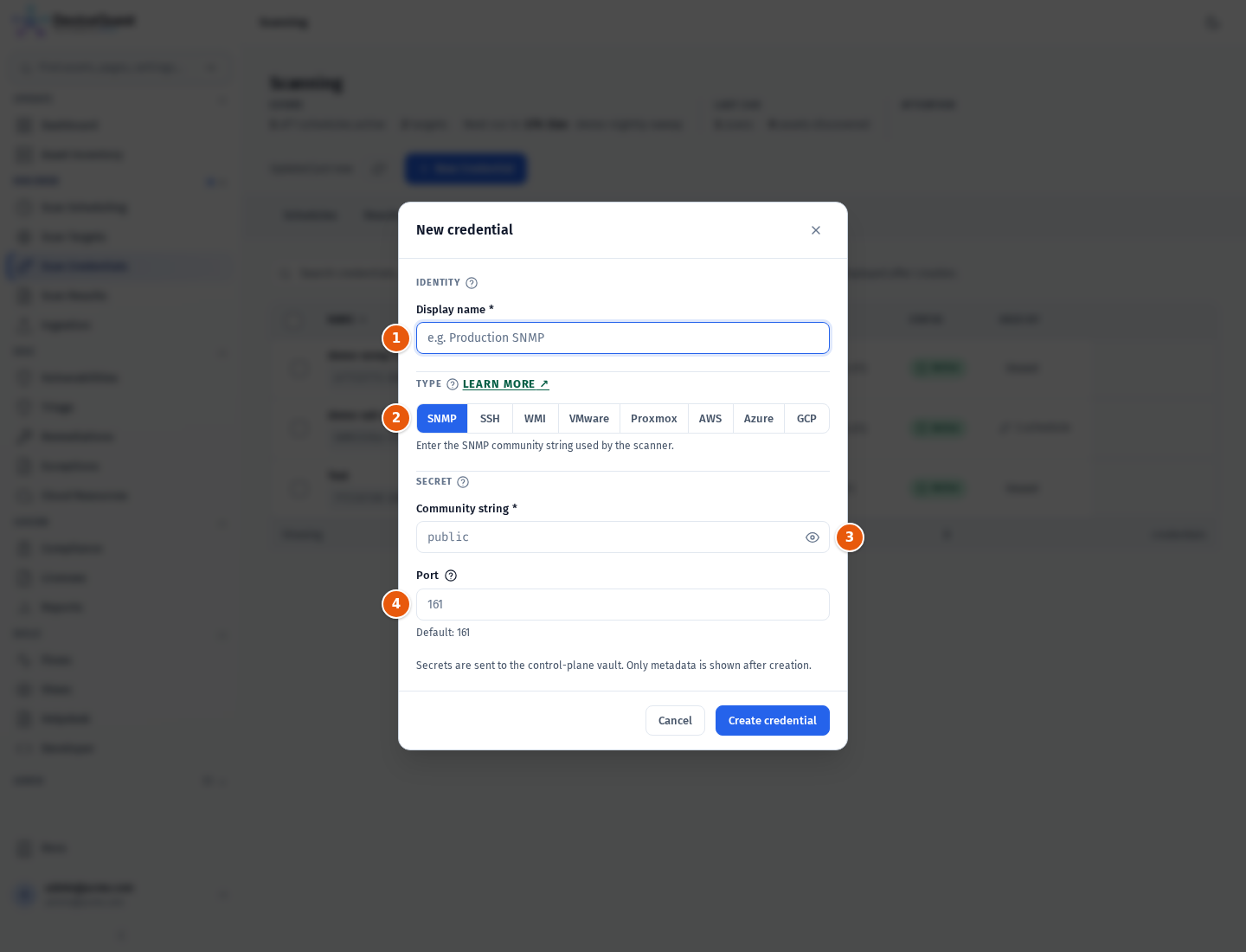 The New credential modal with the SNMP type