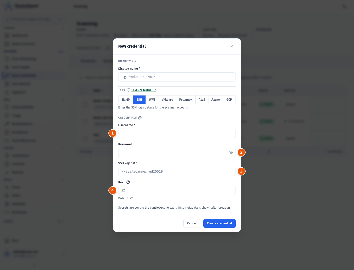 The New credential modal with the SSH type