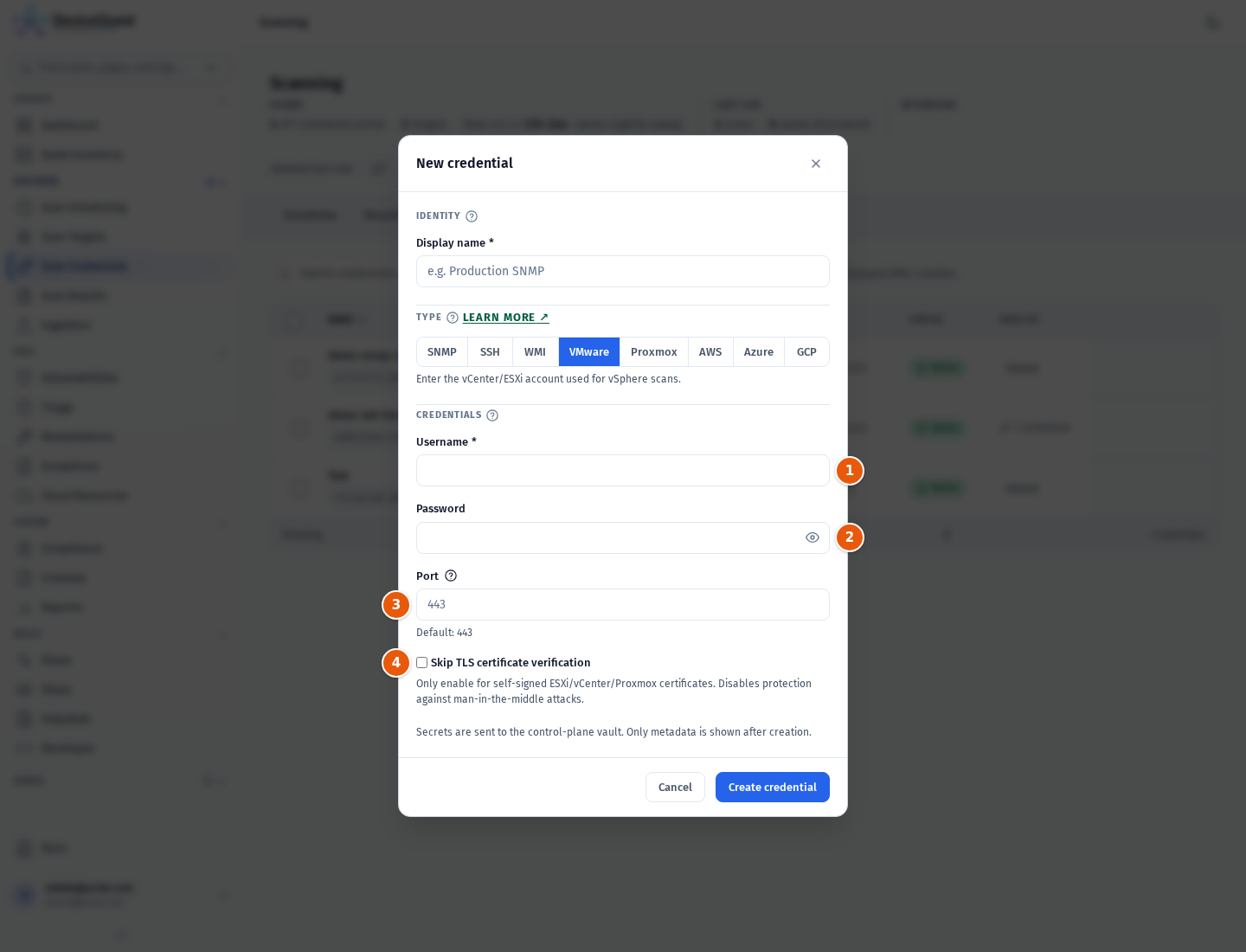 The New credential modal with the VMware type