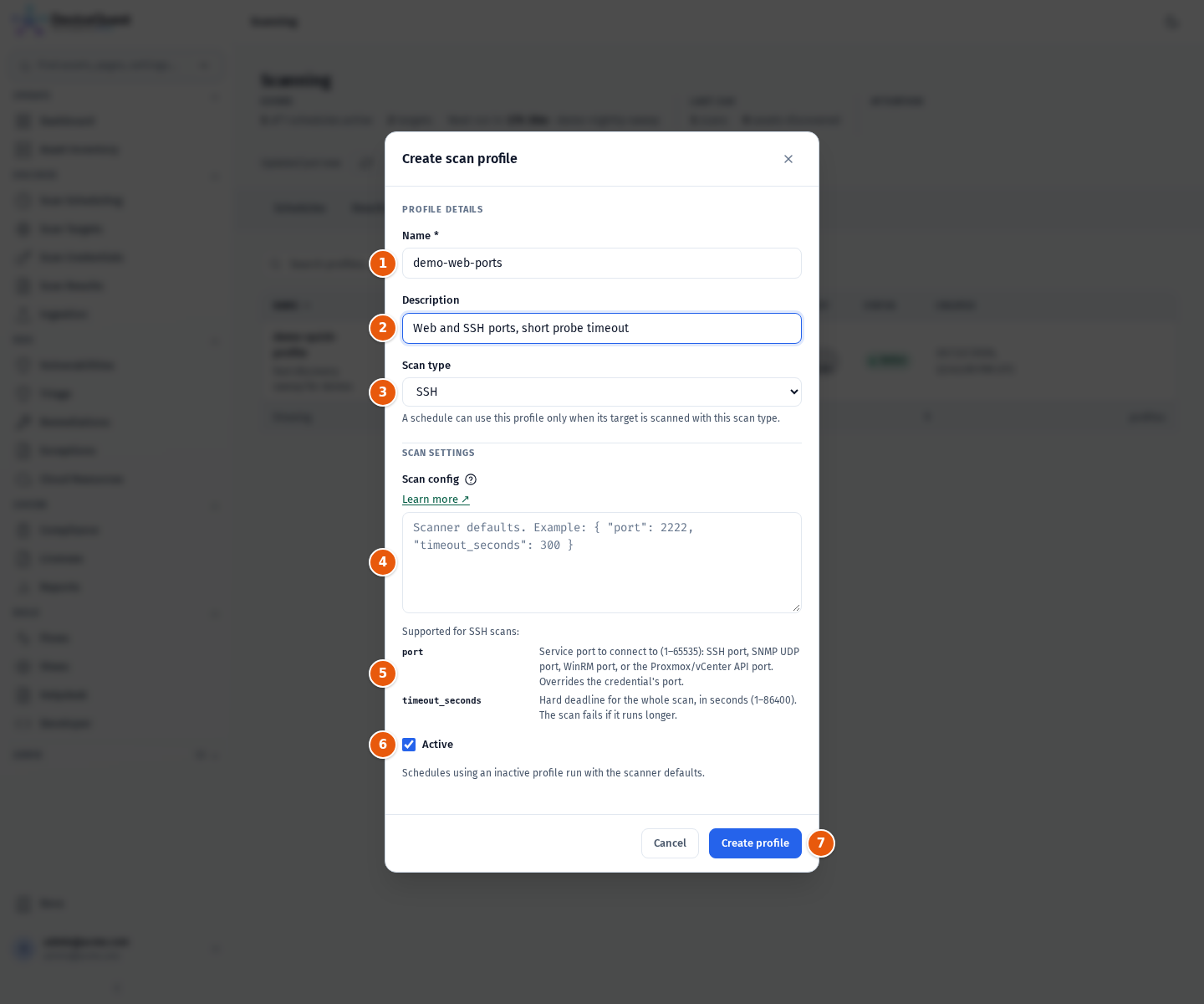 The Create scan profile modal