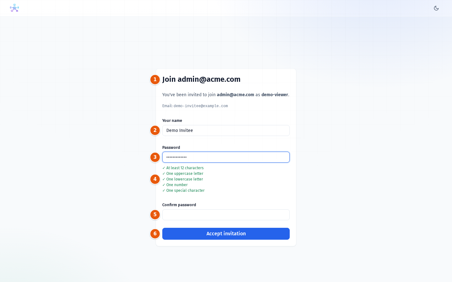 The invitation page with the account form