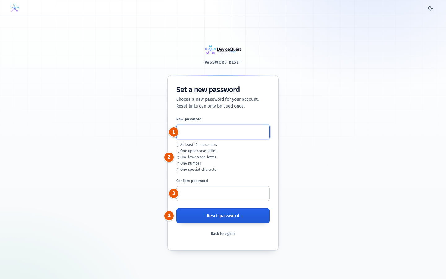 The Set a new password page