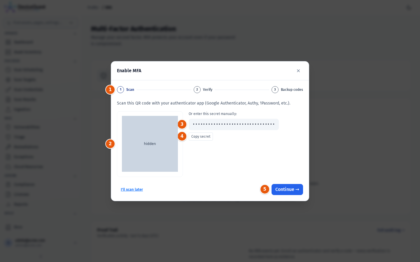 The Scan step of the Enable MFA wizard