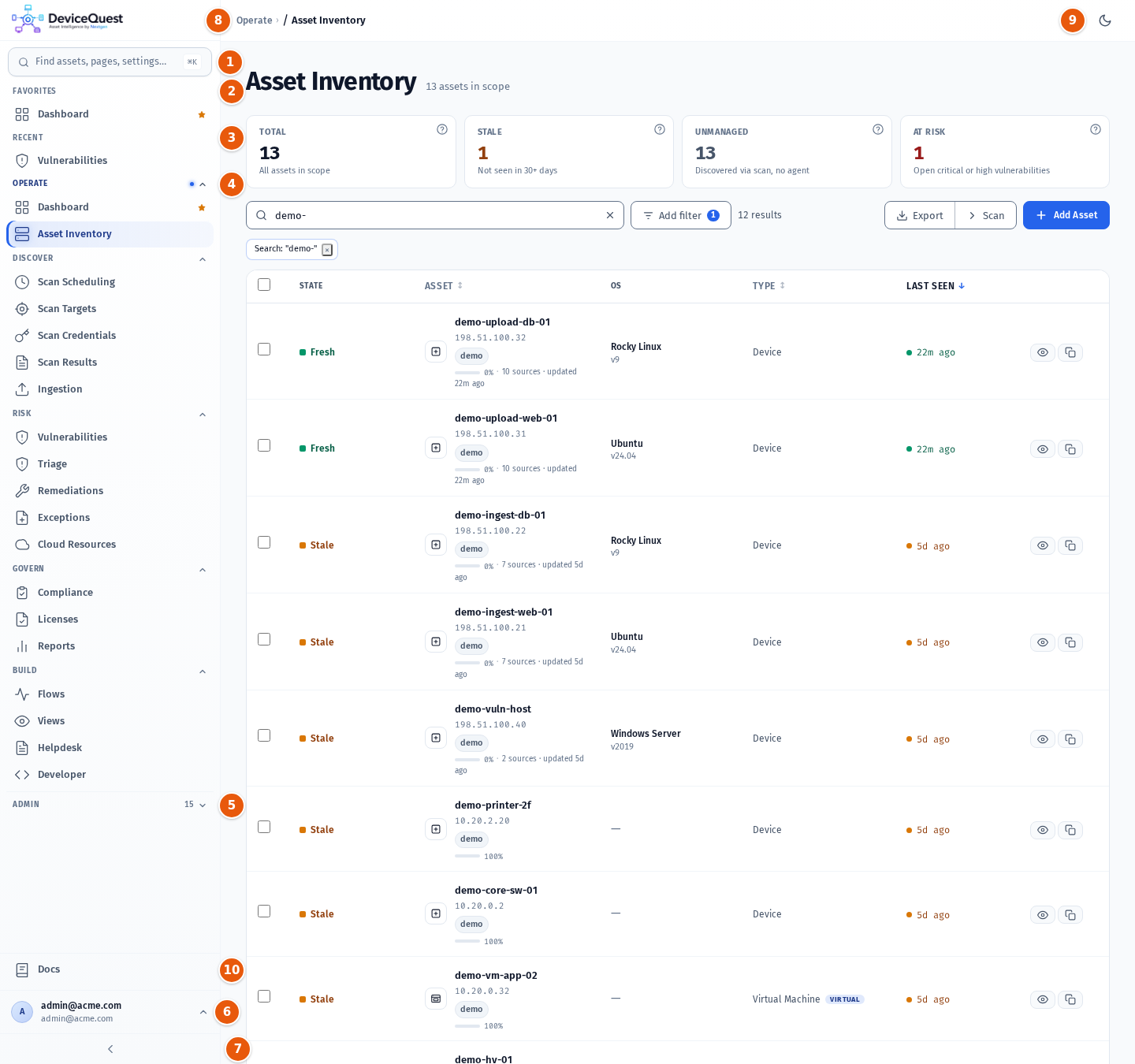 The DeviceQuest app frame with the expanded sidebar