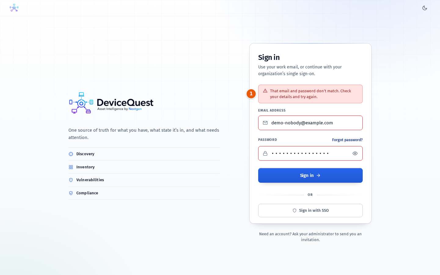 A failed sign-in with the message above the form
