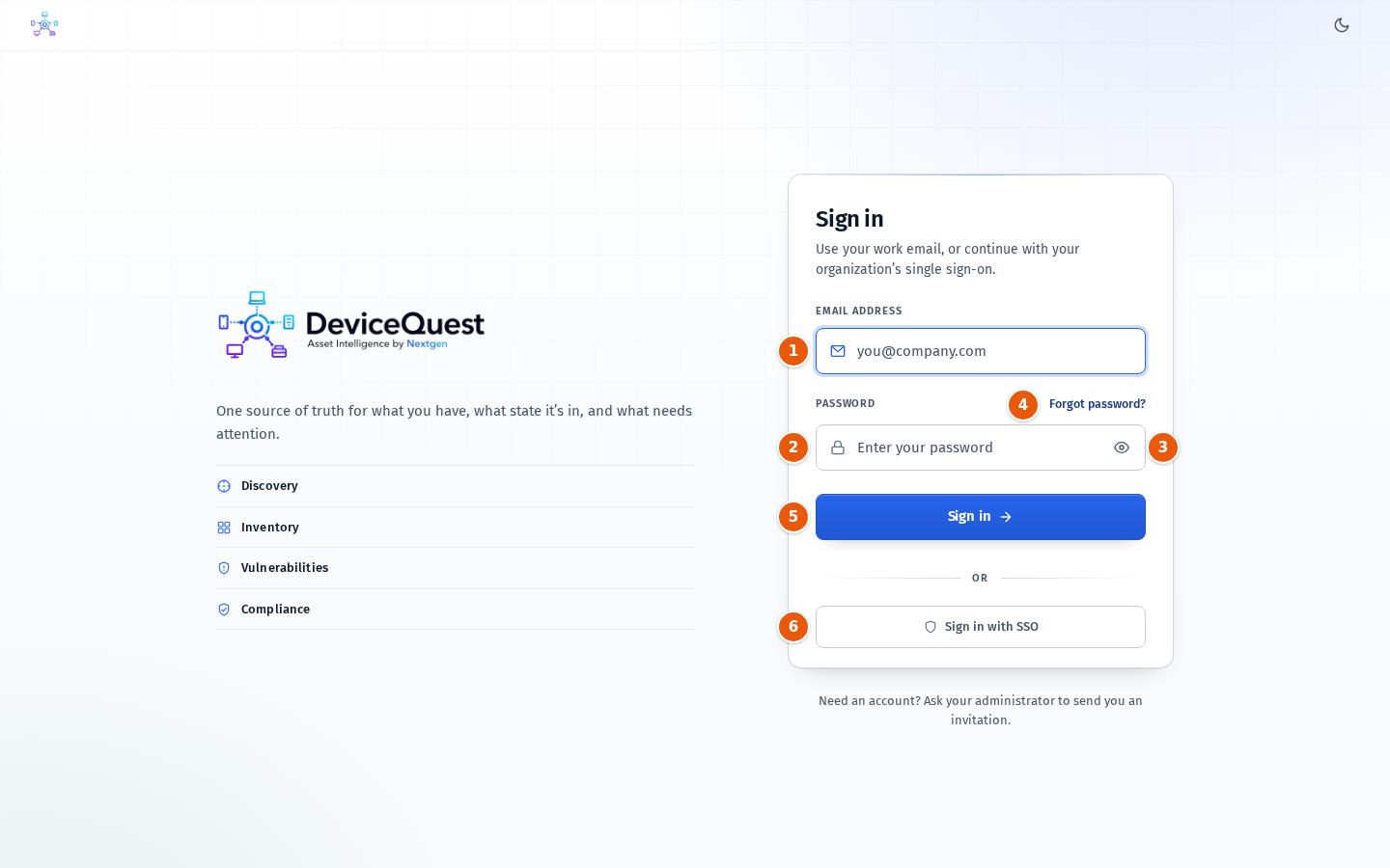 The Sign in page with the email and password form and the SSO button