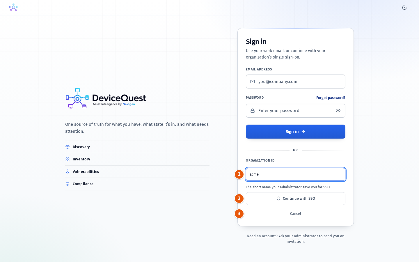 The SSO form with the Organization ID field