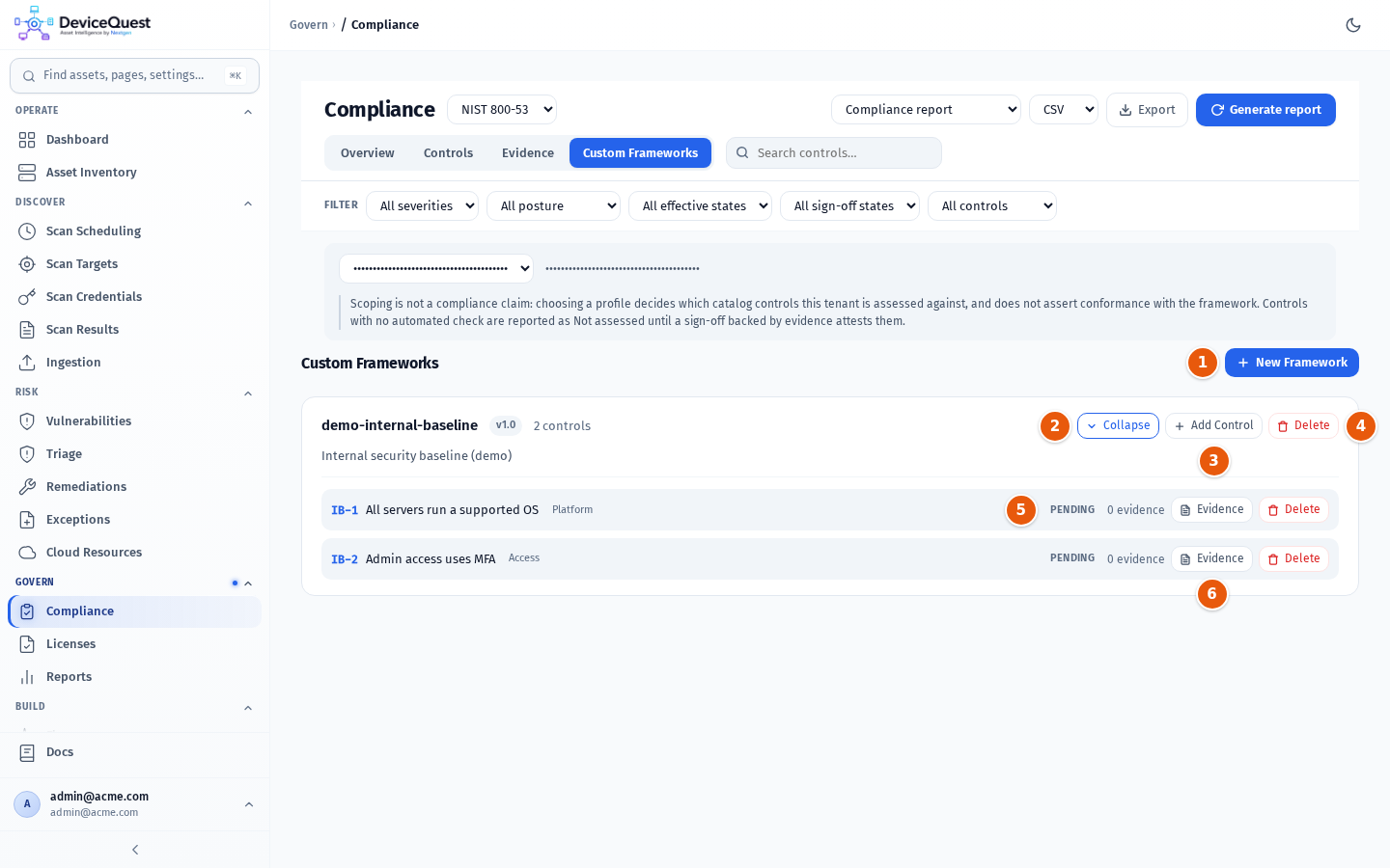 The Custom Frameworks tab with demo-internal-baseline expanded