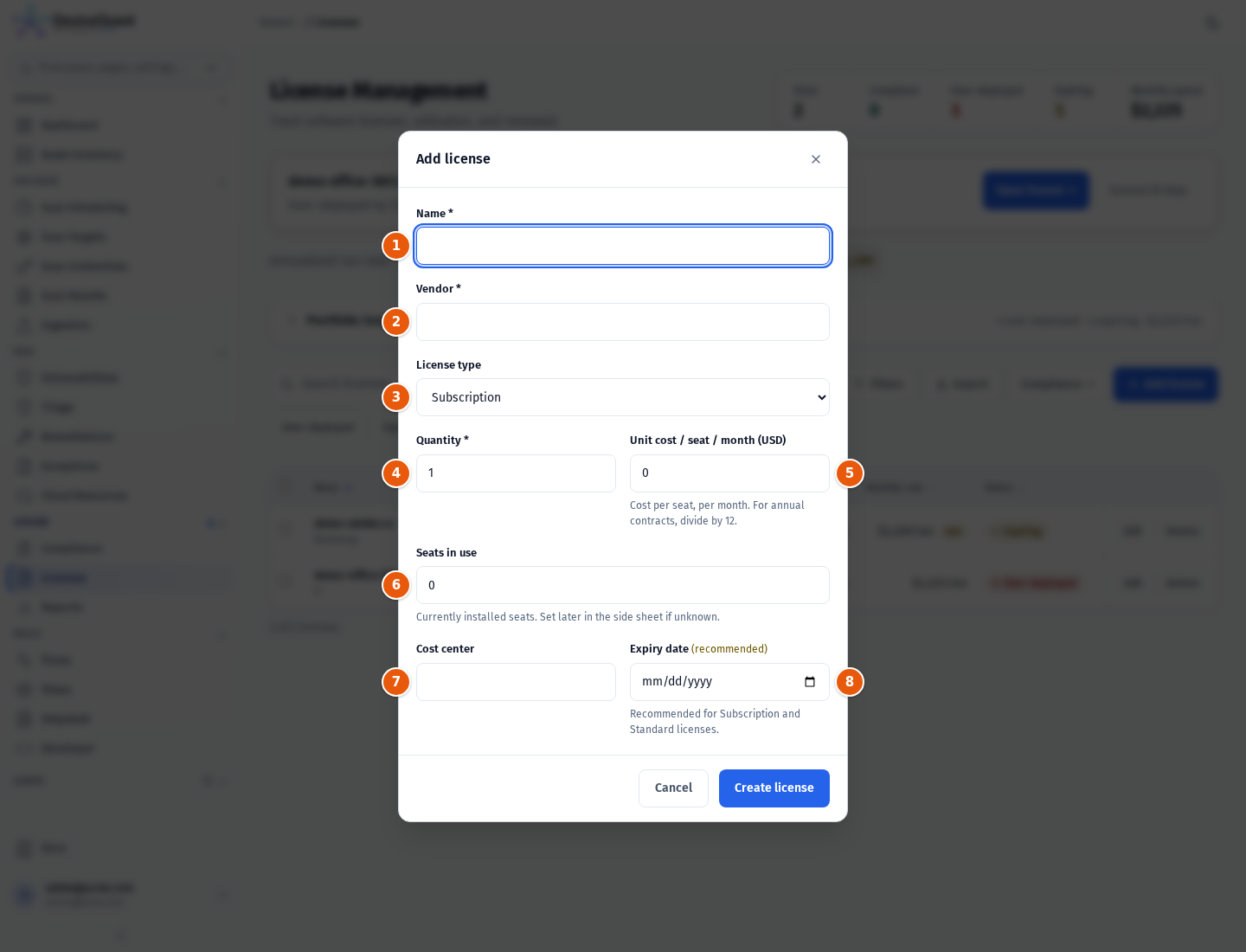 The Add license form