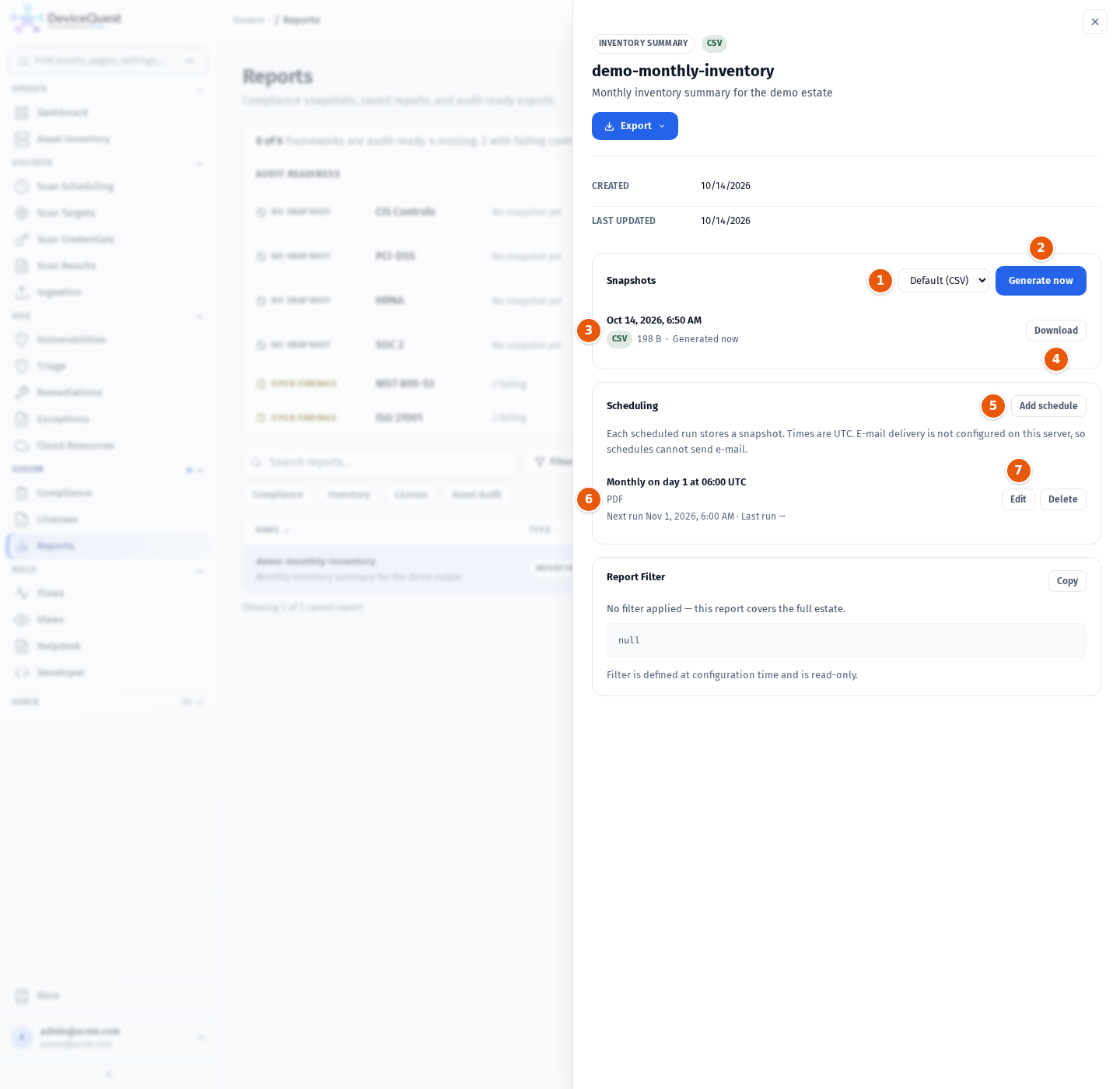 The report side sheet with a snapshot and a monthly schedule