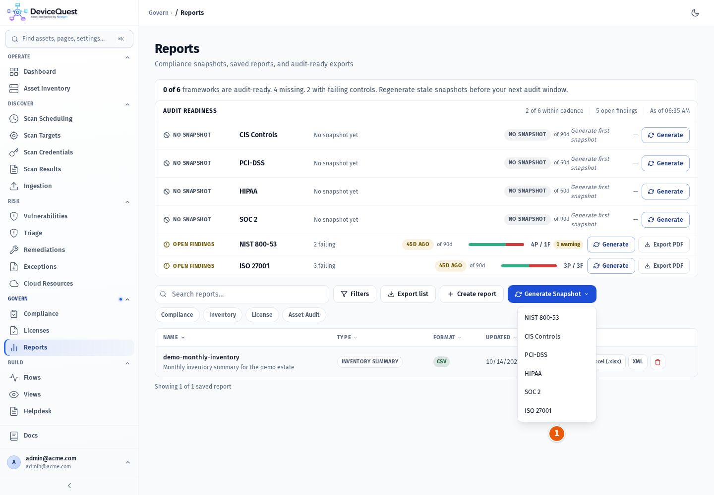The Generate Snapshot list