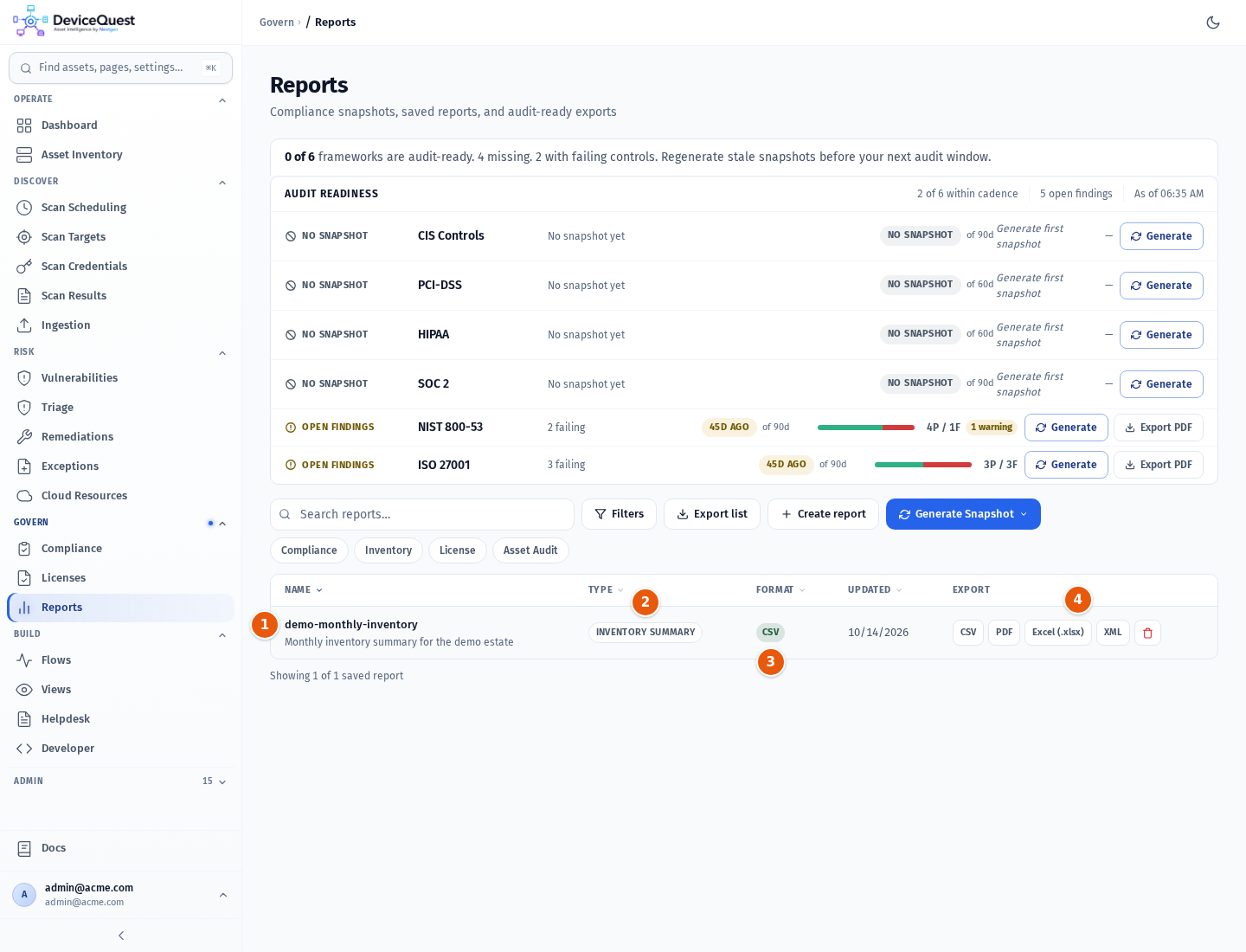 The Saved reports table with one report