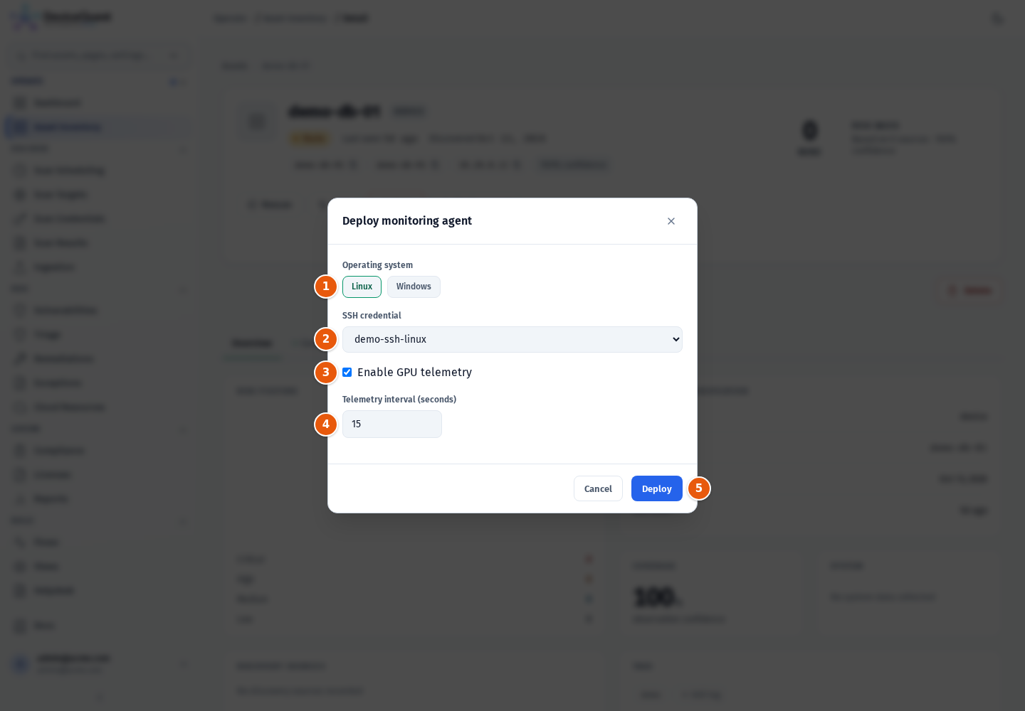 The Deploy monitoring agent dialog