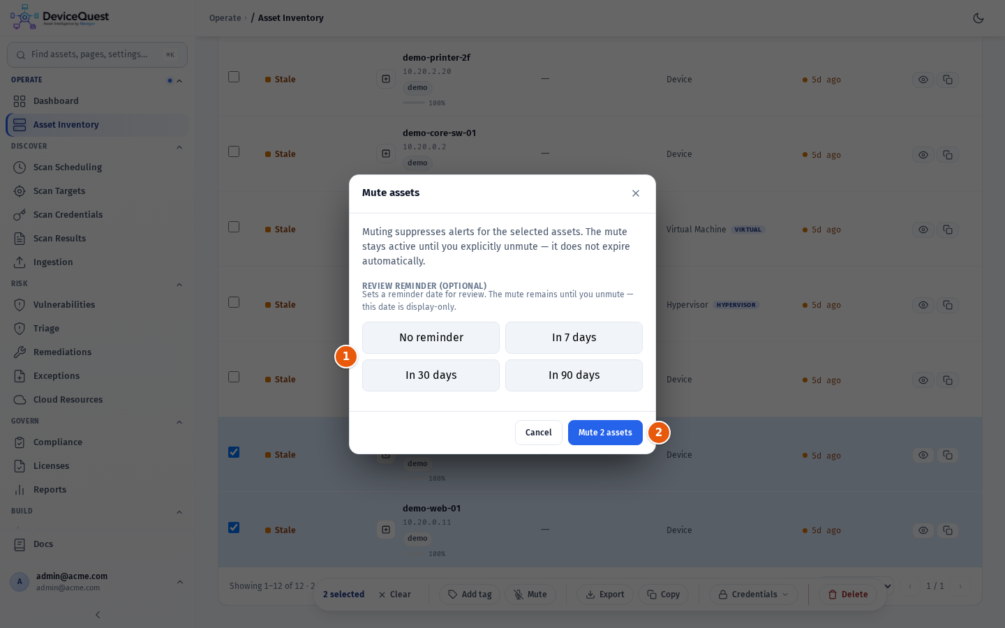 The Mute assets dialog