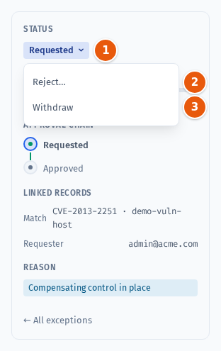Status actions for the requester of a pending exception