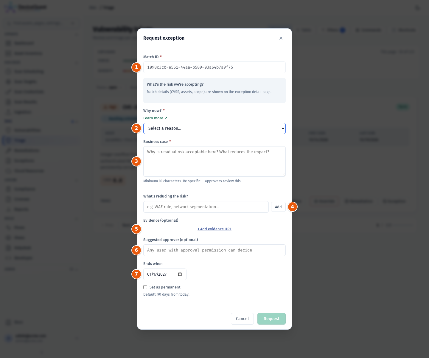 The Request exception dialog