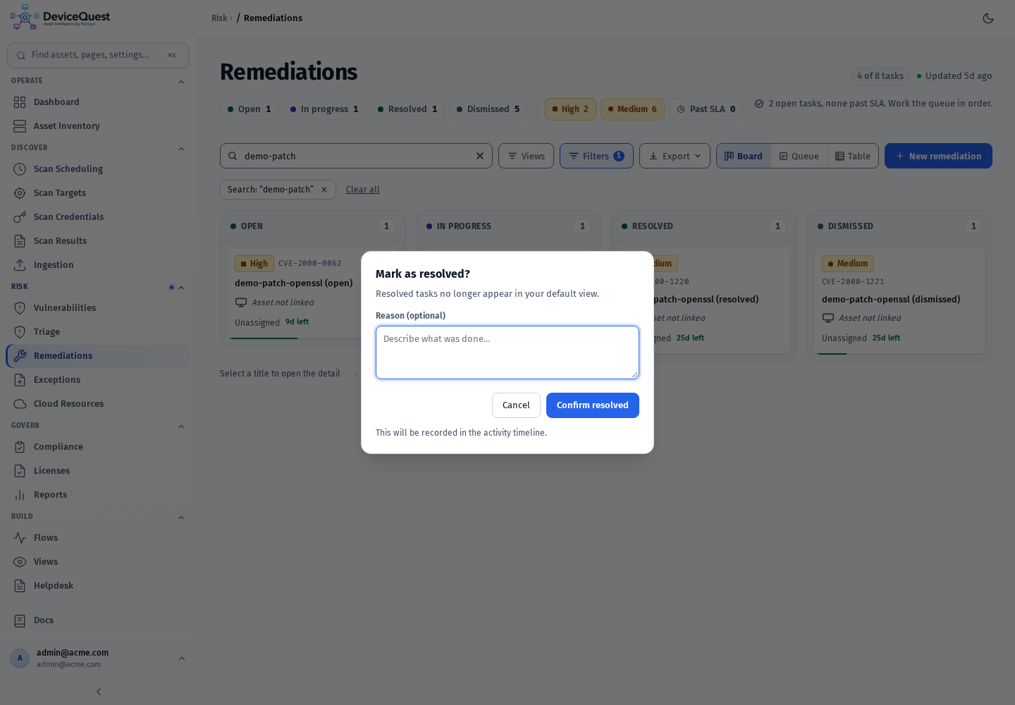 The confirmation when a card is moved to Resolved