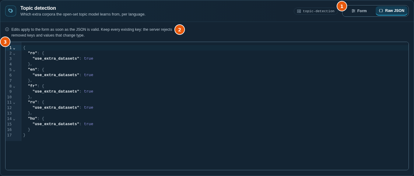 Raw JSON view of the Topic detection configuration