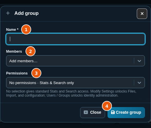 Add group dialog with Name, Members, and Permissions