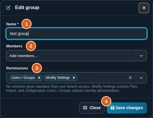 Edit group dialog with the group name, members, and the Users / Groups and Modify Settings permissions