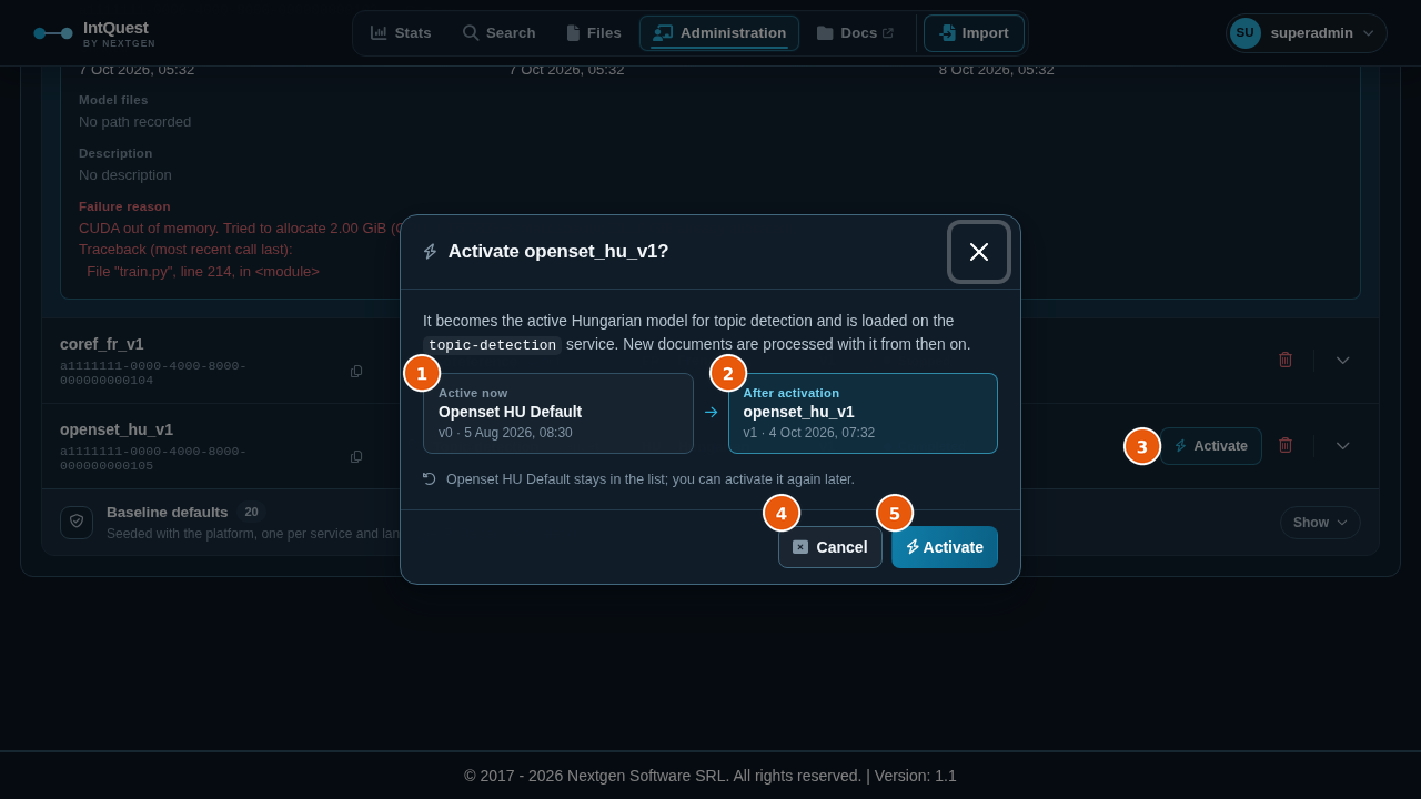 Activate dialog comparing the model that is active now with the one that replaces it