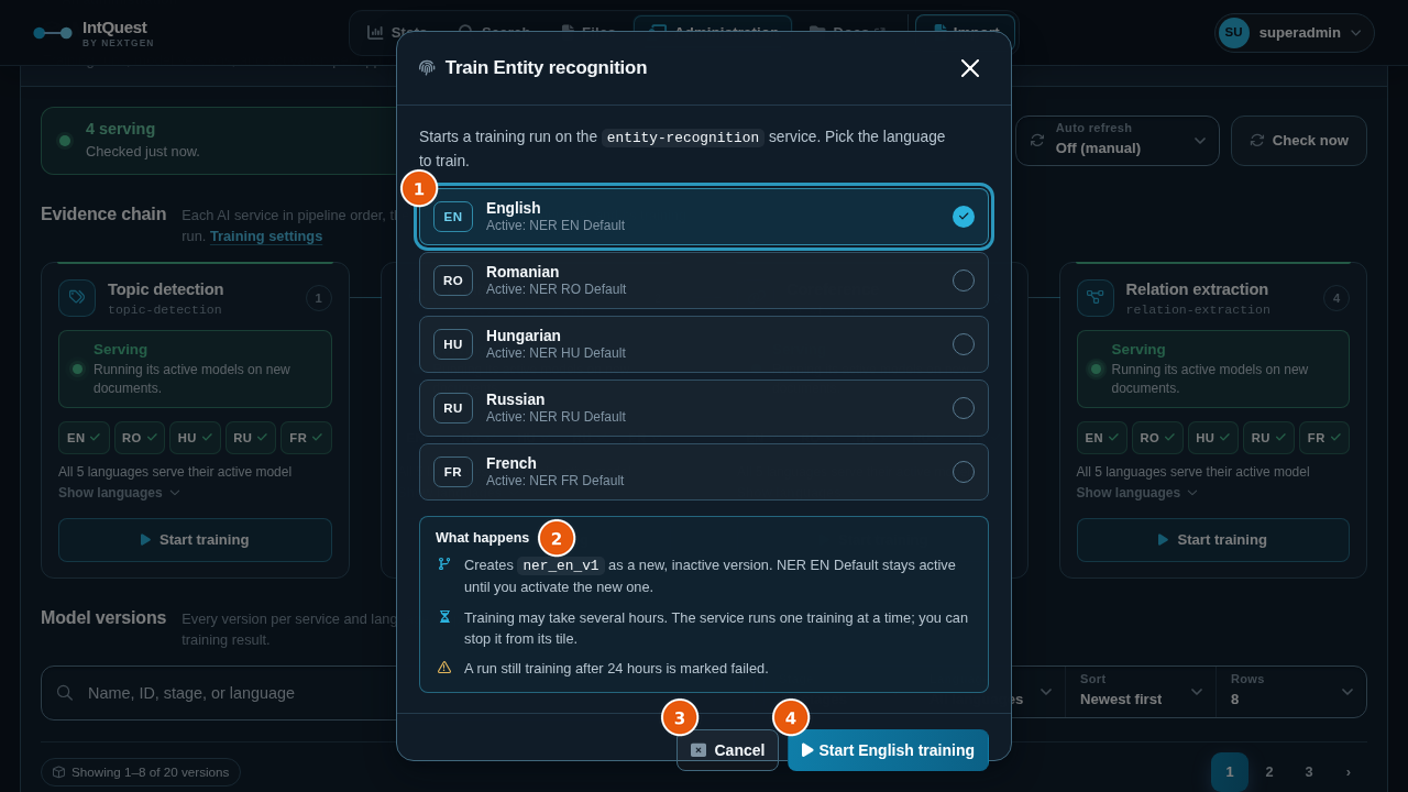 Train dialog with the language choice, the version that will be created, and the Start training button