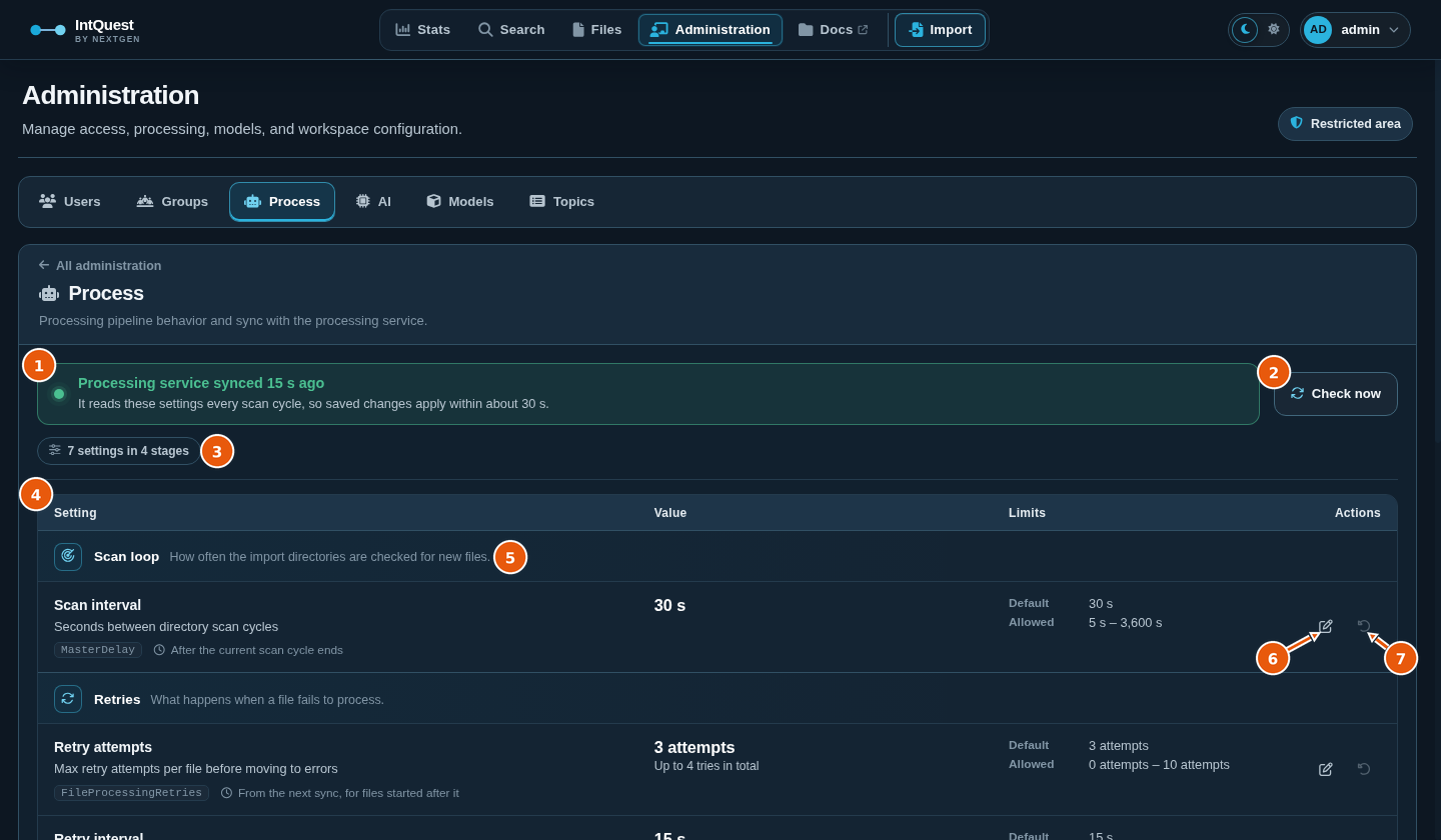 Process page with the processing service sync status, the Check now button, and the settings grouped by stage