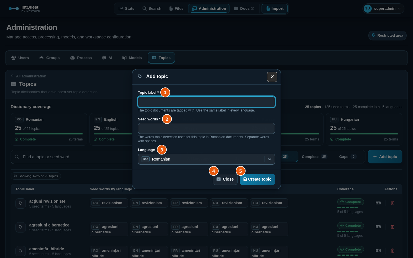 Add topic dialog with the Topic label, Seed words, and Language fields