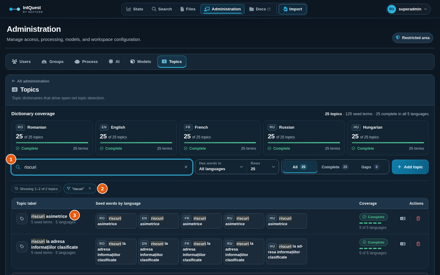 Topic table filtered by a search, with the matches highlighted
