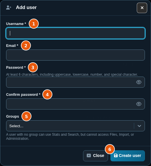 Add user dialog with Username, Email, Password, Confirm password, and Groups