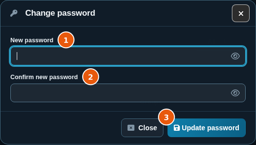 Change password dialog with New password and Confirm new password